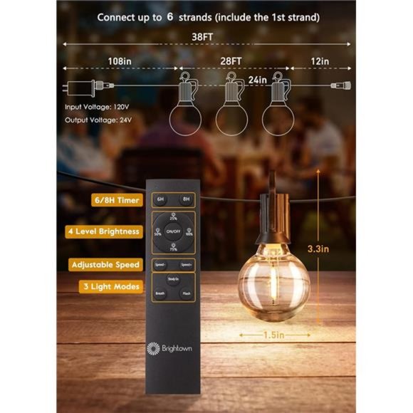 Outdoor String Lights with Remote, 38Ft(28+10) Patio Lights Outdoor Waterproof - Picture 7 of 7